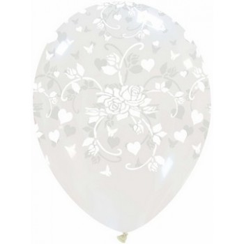 Palloncino in Lattice Rotondo 30 cm. Stampa Cuori e Rose Trasparente