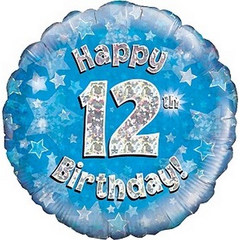 Palloncino Mylar 45 cm. Age 12° Happy Birthday Blue Holographic