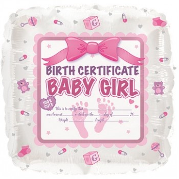 Palloncino Mylar 45 cm. Girl - Baby Girl Birth Certificate