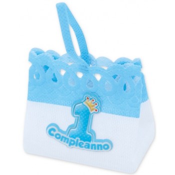 Pesetti per palloncini 1° Compleanno Bambino, sacchettino in stoffa azzurro - 8 x 7 cm